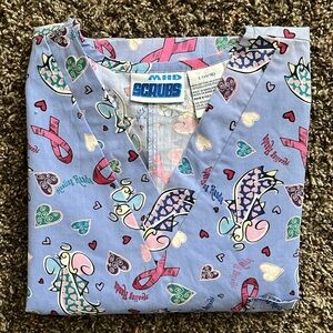 MHD Scrubs Healing Hands Breast Cancer Blue Scrub Top, Size Large, Pink Ribbon